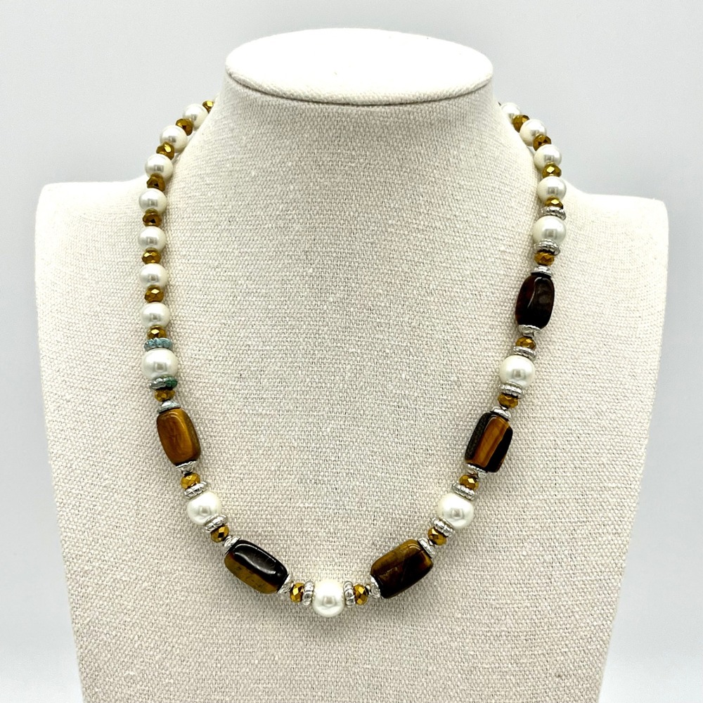 Pearl Tiger Eye‎ Beaded Necklace Adjustable Chain Fashion Jewelry